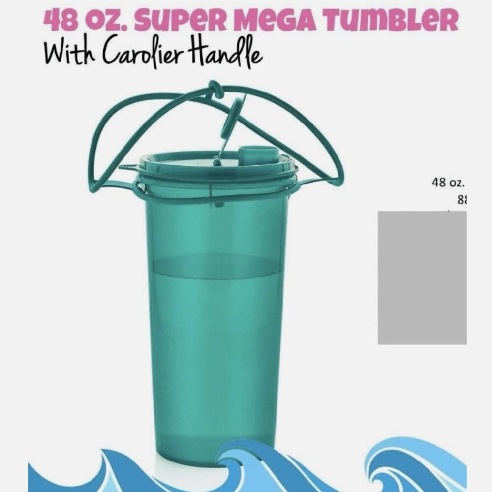 Tupperware Super Mega Tumbler Container Cariolier Handle 48 oz Mint Green